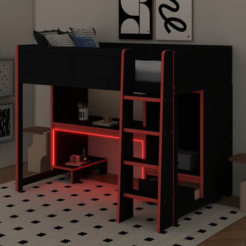 Lit mezzanine double en bois avec bureau intégré, garde-robe, DEL et tiroir, Double