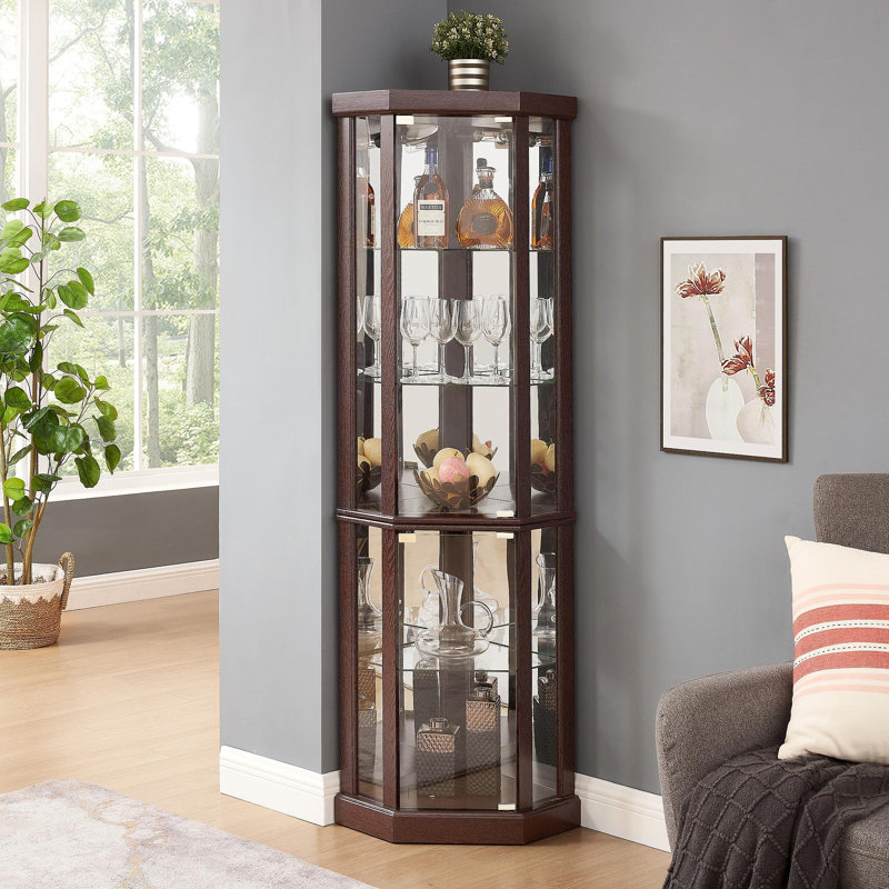 Lighted Corner Curio Cabinet - Elegant Glass Display Case For Living Room & Bar Storage - For Antique Collections & Wine - Includes Built-In Lighting - Dark Cherry