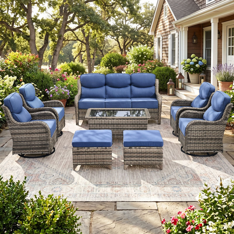Ensemble de conversation familial 8 pièces en résine tressée pour patio extérieur, avec coussins de 15 cm et table basse.