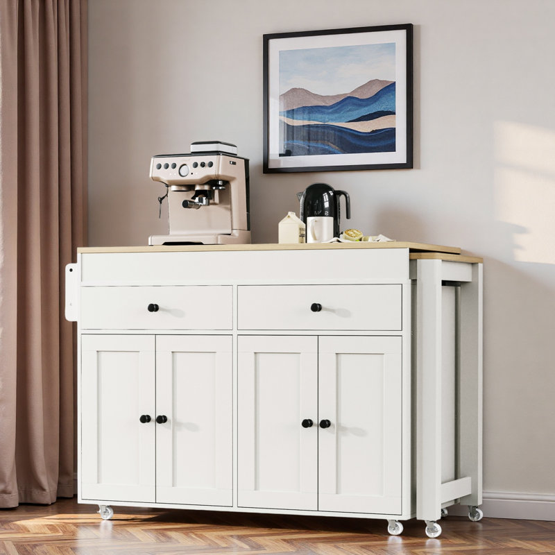 Rolling Kitchen Island With Extendable Dining Table, Spice Rack, 2 Drawers, 4 Door Cabinet And Wheels, White