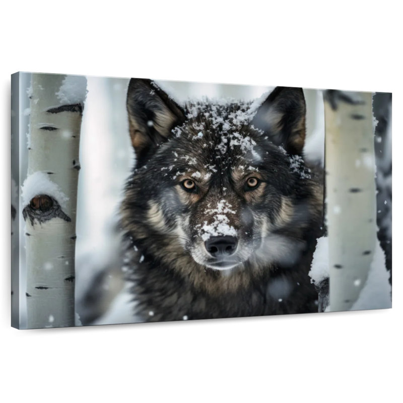 Loup noir Brampt avec des trembles dans la neige, H 20 po x l 30 po