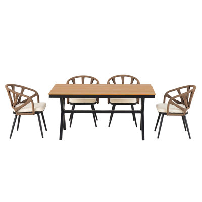 Ensemble d'extérieur contemporain U_Style avec chaises en rotin PE et table en bois plastique, convient aux jardins et aux pelouses