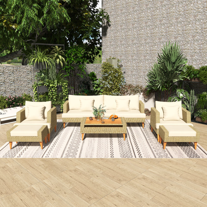 78.6''Wicker Outdoor Patio Sofa Set With Beige Cushions, Brown