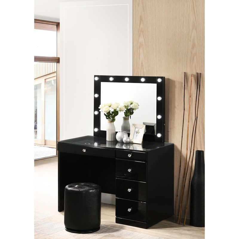 Contemporary Bedroom Makeup Vanity Table With 5 Drawers, Black Glass Top And Finish Style For, Black