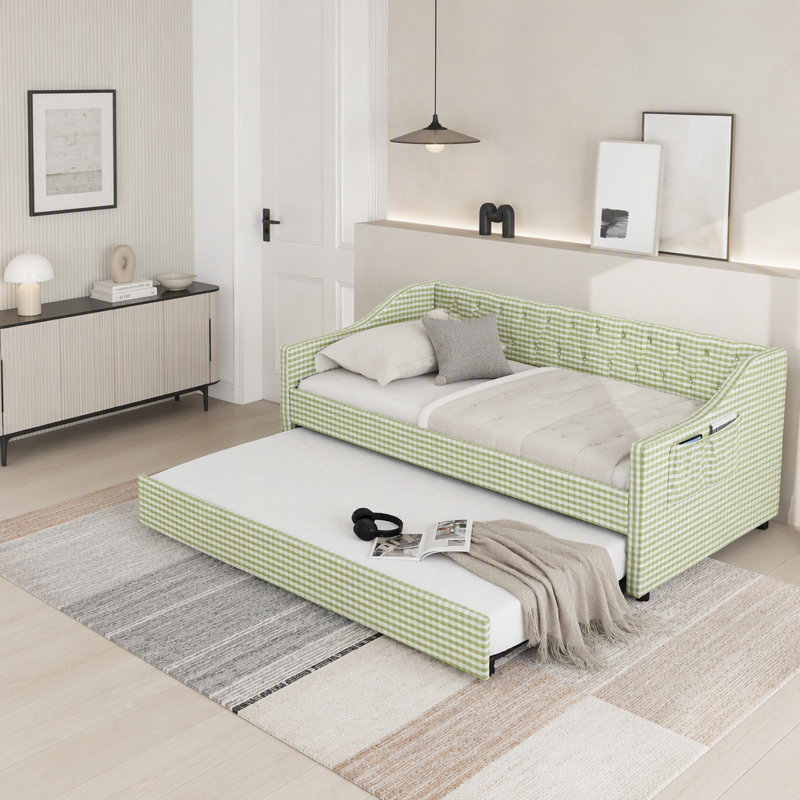 Lit de jour simple rembourré convertible 3-en-1 avec couchette et poches de rangement, Vert