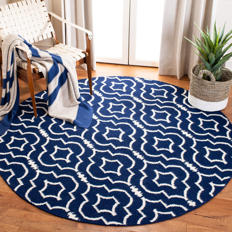 Rodgers Hand Woven Flat Weave Wool/Cotton Geometric Rug in Blue/Ivory, Round 6'