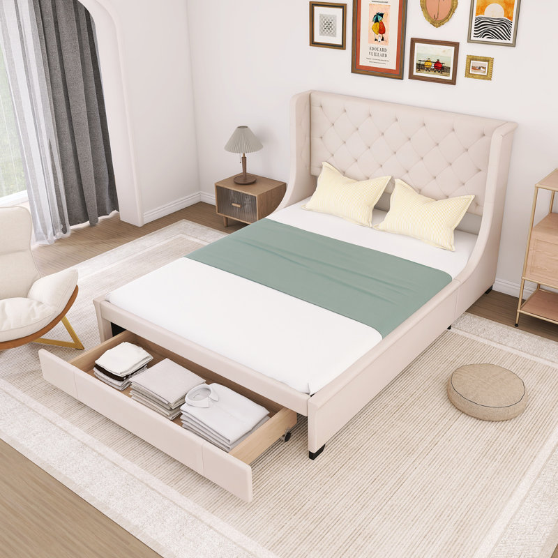 Grand lit avec rangement et grand tiroir, Beige