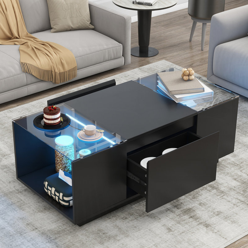 Table basse moderne en verre avec éclairage DEL et rangement intelligent, parfaite pour les espaces de vie élégants et fonctionnels