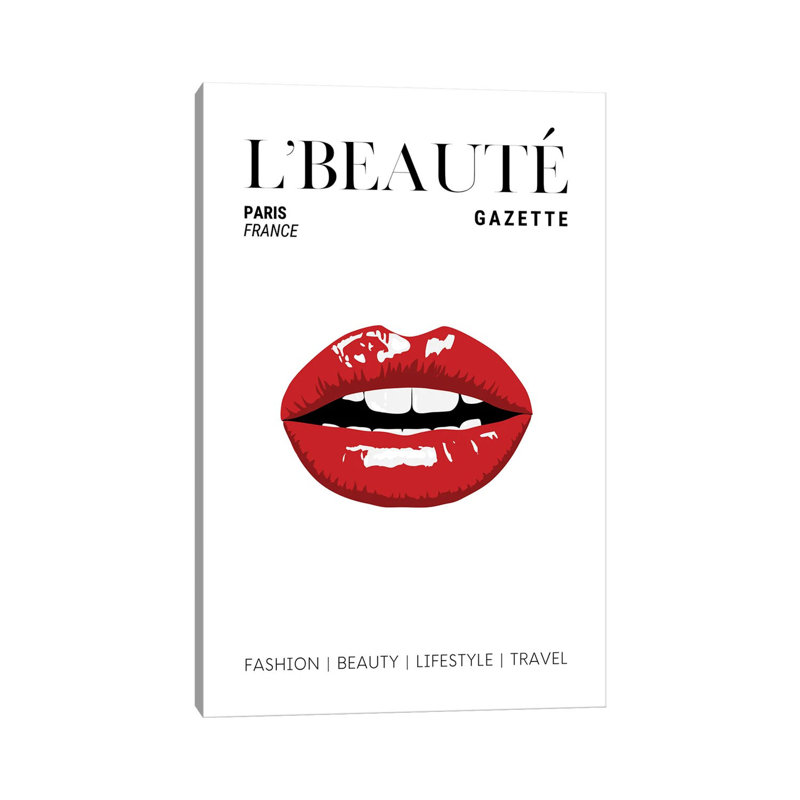 L'Beaute Gazette Beauty Magazine Cover With Classic Glossy Red Lips by Design Harvest - Wrapped Canvas Print