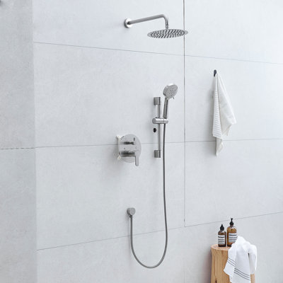 10-Inch Shower System, Slide Bar Shower Faucets Sets Complete Round Shower Heads And 5-Spray Handheld Combo, Wall Mounted Brushed Nickel Shower Faucet