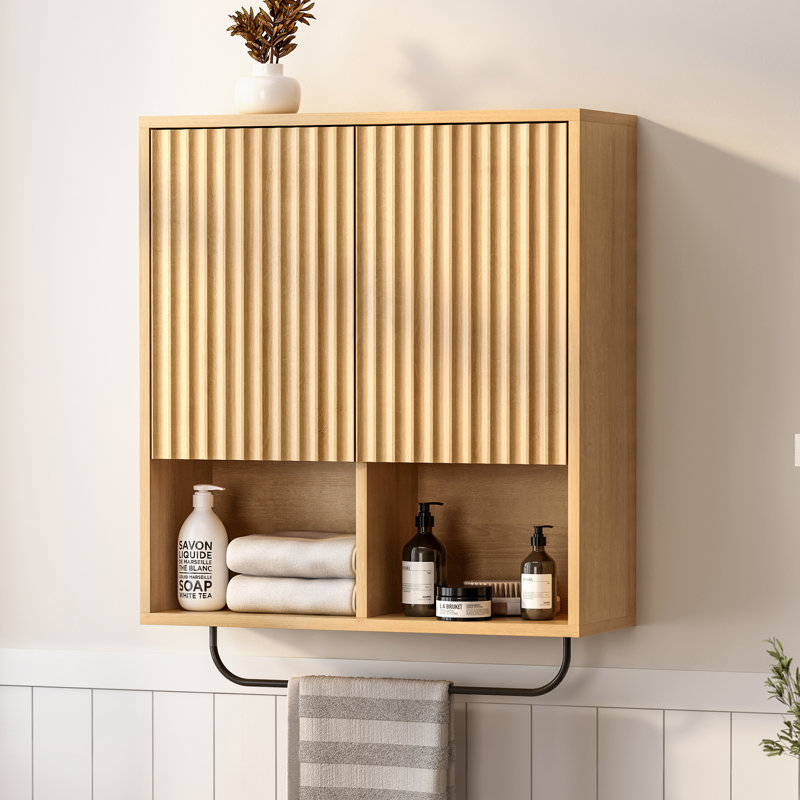Fluted Bathroom Wall Cabinet，Sliding Barn Door Storage Cabinet  - Adjustable Shelf Storage for Bathroom & Kitchen, 1 pc, Oak