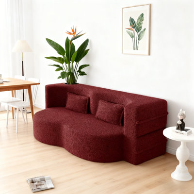 Canapé-lit convertible en peluche bourgogne - tissu en peluche avec rembourrage en mousse, comprend 2 coussins et un matelas pliable de 15 po, installation sans effort pour le salon ou les invités