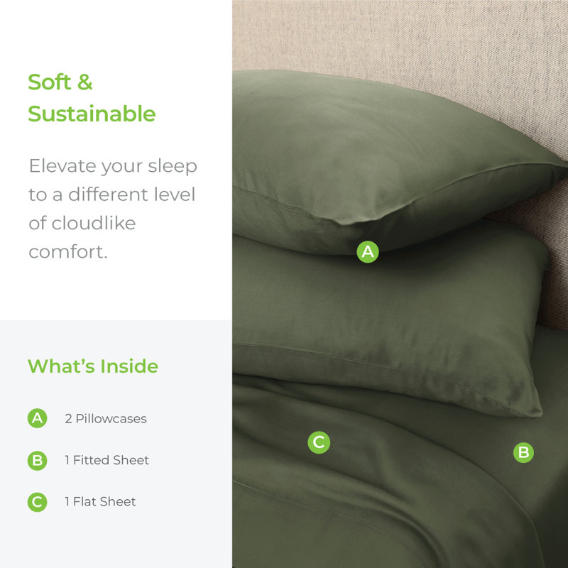 Cariloha Aloha Soft 4-Piece Sheet Set | Viscose Material | Allergy Resistant, Thermal-Regulating & Extra Soft, Coastal Pine