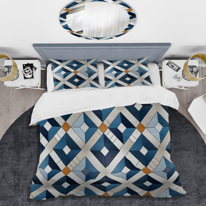 Nordic Cobalt Blue Tiles - Ensemble de housse de couette géométrique, Housse de couette simple + 1 taie décorative stan