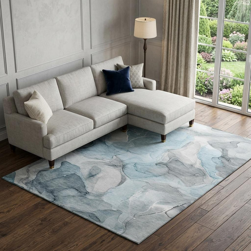 Tapis bleu sarcelle et gris abstrait lavable 9 pi x 12 pi avec protection UV