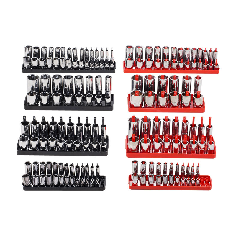 Ensemble de 8 plateaux de rangement à douille haute 8 pièces - Rangement en plastique noir et rouge pour outils métriques et standard SAE