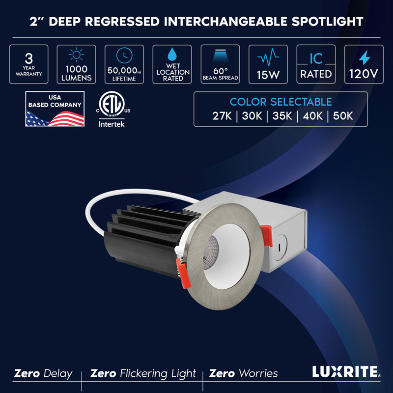 Ensemble de 2 po LUXRITE Éclairage encastré à DEL, lumière Canless à régression profonde, garniture interchangeable ronde blanche et nickel brossé, 5 TCC, 1000 lm, 15 W, paquet de 12 à intensité variable