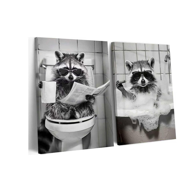 2Psc Raccoon Bathroom Framed Canvas Wall Art Funny Animal Painting Wall Decor Raccoon On Toilet Pictures Black Animal Poster Print Artwork For Bath Restroom Home Decoration