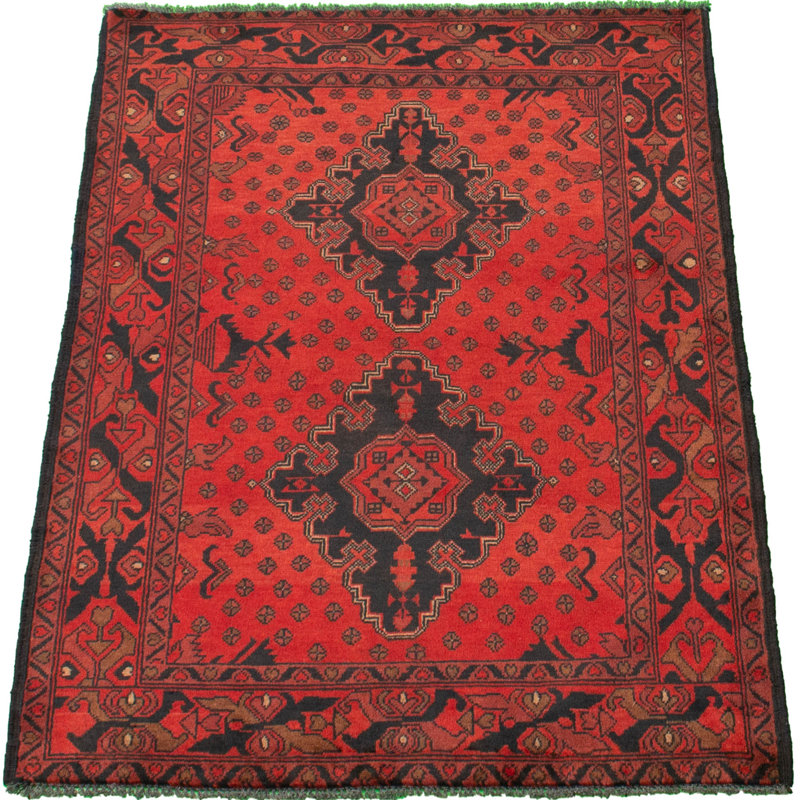 Tapis de zone en laine rouge 3 pi 4 po x 4 pi 10 po one-of-kind à la main-noué la 2010 esari turque Allaina