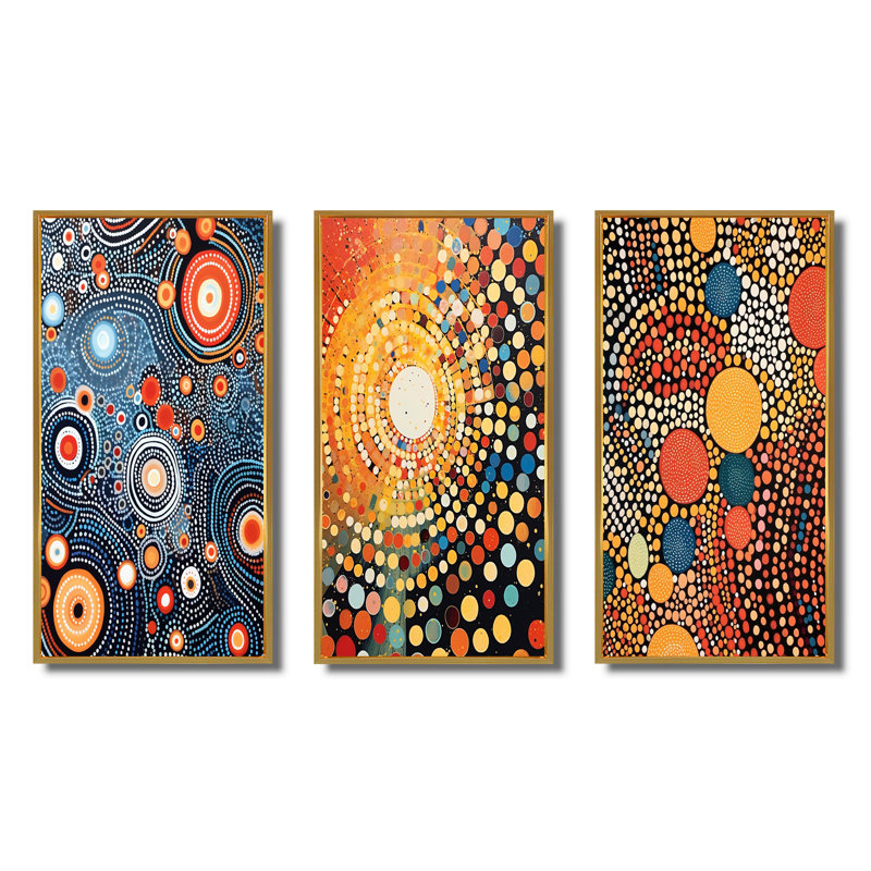 Aboriginal Circular Dot Amber Compositions II - Transitional Art Set Of 3 Pieces, Encadrement doré, H 28 po x l 36 po