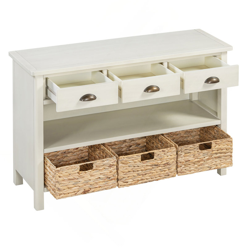 Console vintage en bois avec console et 3 paniers en jacinthe d'eau, Blanc antique