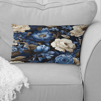 Blue Renaissance Roses Victorian Pattern III - Floral Printed Pillow