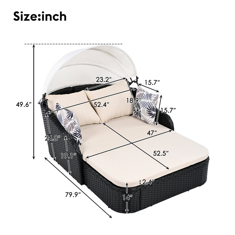 Chaise longue en osier avec auvent réglable, Beige