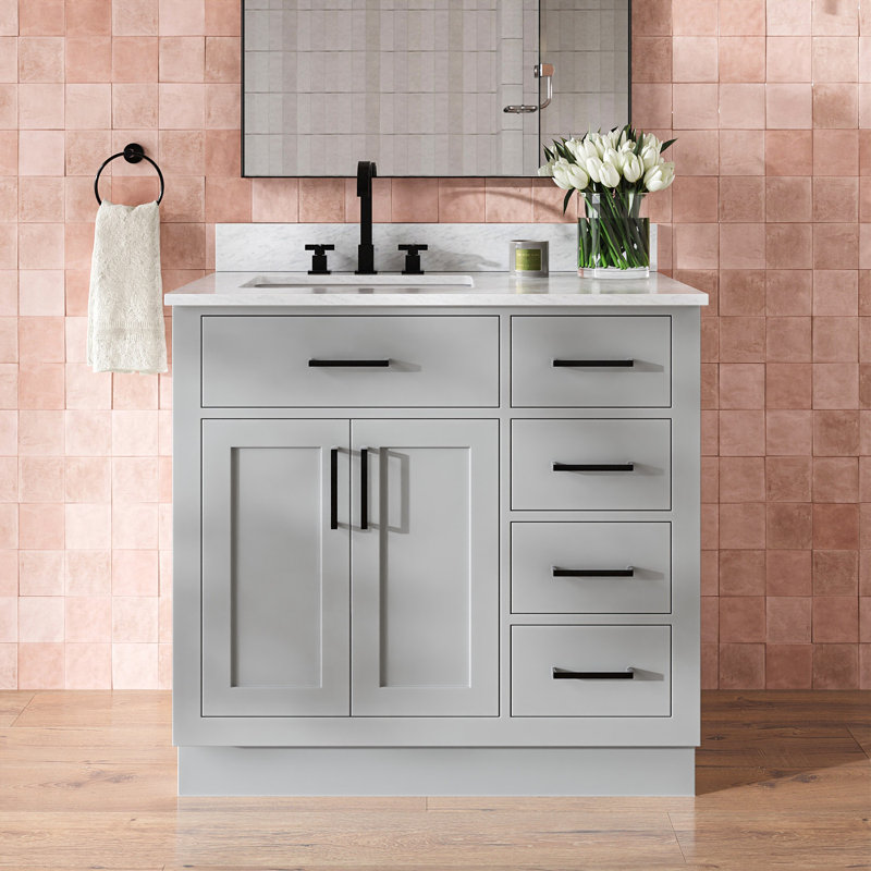 Meuble-lavabo simple Jameal de 36 po en bois massif avec comptoir en marbre de Carrare de 0,75 po et lavabo ovale dÃ©calÃ© Ã  droite