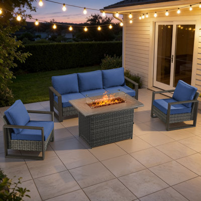 Drazen 5 - Person Patio Furniture Set With Fire Pit Table, All-Weather Wicker Outdoor Conversation Set With Chair And Thick Cushions