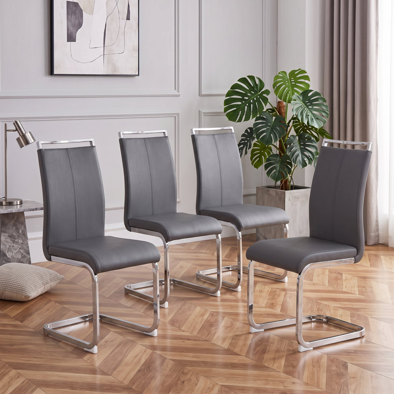 Modern Faux Leather Cantilever Dining Chairs with Chrome Base (Set of 4), 4, Dark Gray, Silver