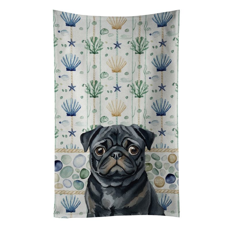 Serviette de cuisine blanche en verre de mer à épagneul tibétain blanc, Black Pug