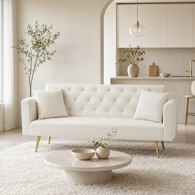 Thomias 71.01'' Velvet Convertible Sofa, Beige Velvet
