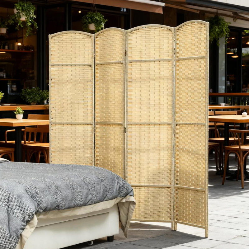 Paravent pliable à 4 panneaux d'intimité tissé à la main, polypropylène et bois de pin, beige, pour séparer la pièce et créer des espaces