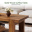 Table basse en bois massif de 47,2 po avec tablette de rangement, table de salon rustique