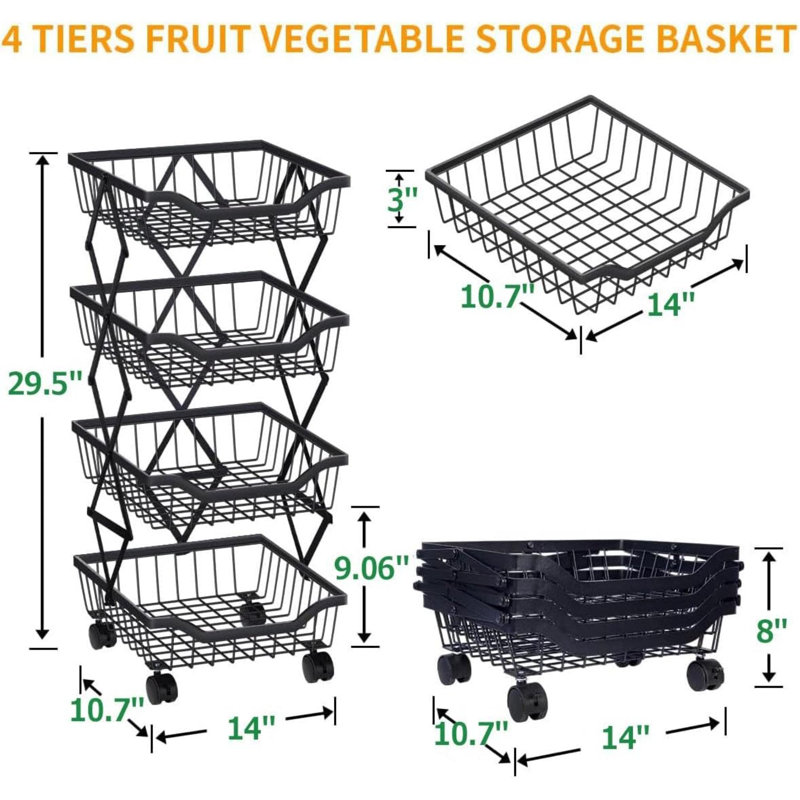 Panier de fruits pour la cuisine 4 niveaux de paniers de rangement de légumes empilables avec roues Panier de rangement en fil métallique Chariot de rangement pour la cuisine