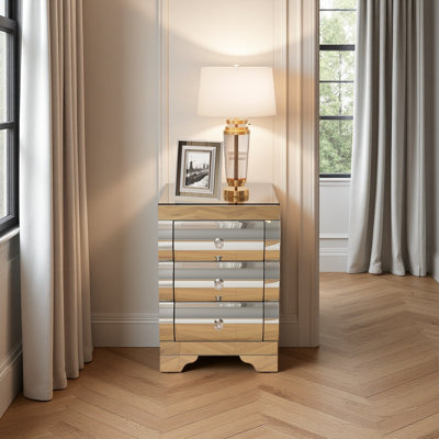 Baked Curved Mirror Nightstand With 3 Drawer Glass Bedside Table Chest Of Drawers For Bedroom Small Spaces End Table For Living Room Fashion Bedroom Furniture