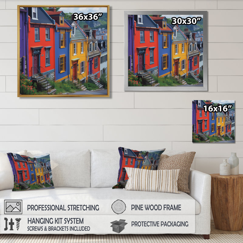 Canada Canada, maisons en rangée à St John en été I - Canada décoration murale, Toile encadrée noire simple