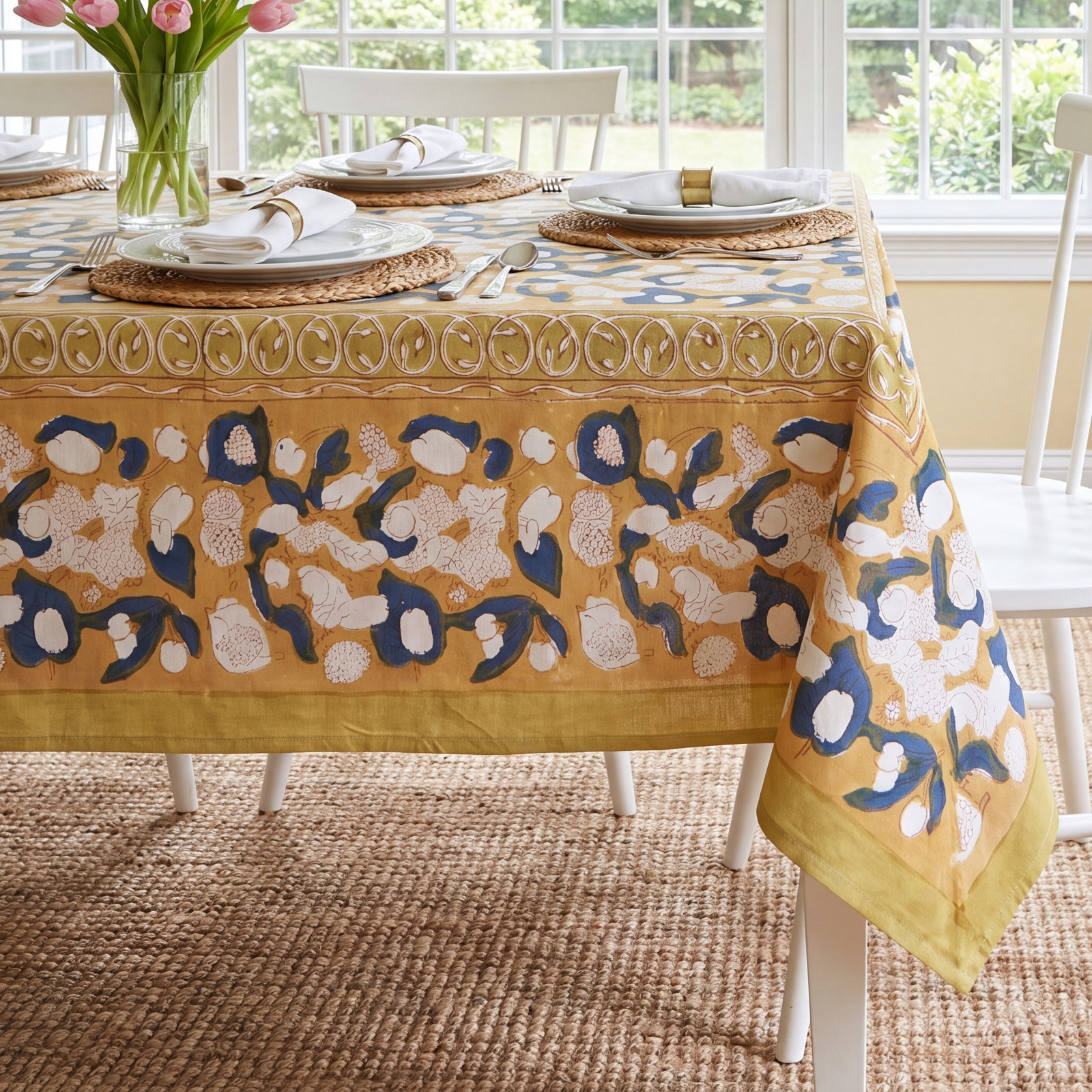 Bryssa Cotton Tablecloth, Mustard/Blue, 142" x 71"