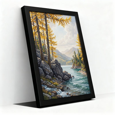 «Golden Larch Trees long Rocky Lake Shore», art mural sur toile