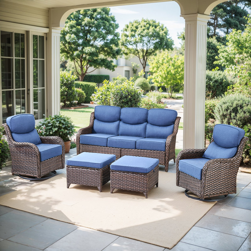 Meriline 5-Piece Wicker/Rattan Sofa Seating Group With 6" Thick Cushions, 5 Pcs: Sofa, 2 Chair, 2 Ottomans, Blue, Brown