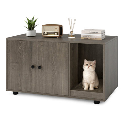 Wooden Cat Litter Box Enclosure, Hidden Litter Box Furniture with Scratching Board Oak