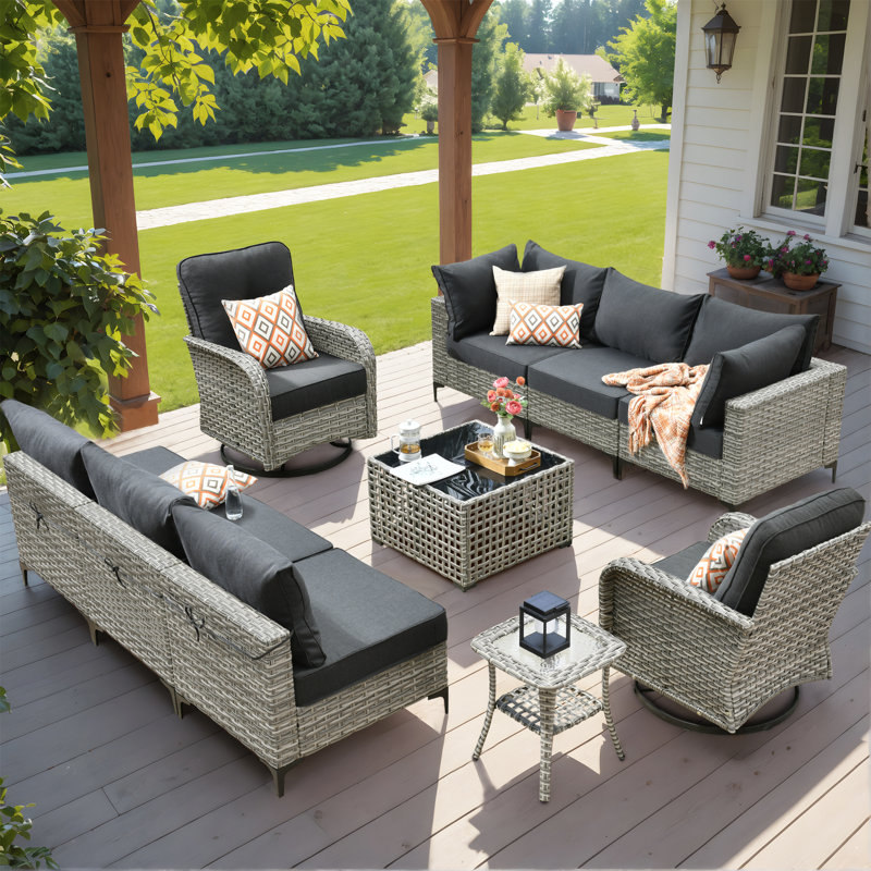 Rattan Outdoor Sofa 11-piece Set With Fire Pit, Black, No