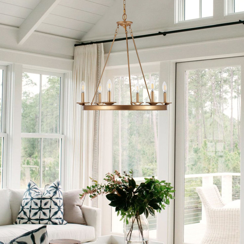 Narron 6 - Light Dimmable Wagon Wheel Chandelier, Gold Painted