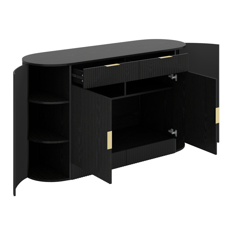 Buffet 55,1 po, armoire de rangement incurvée avec 2 portes et 2 tiroirs, porte latérale incurvée et tablettes à 3 niveaux
