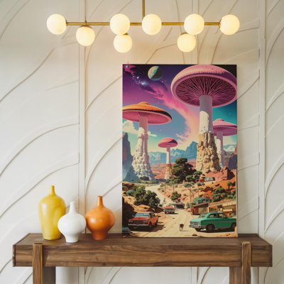 Art mural sur toile de paysage champignon exotique désert et ciel cosmique, toile prête à accrocher
