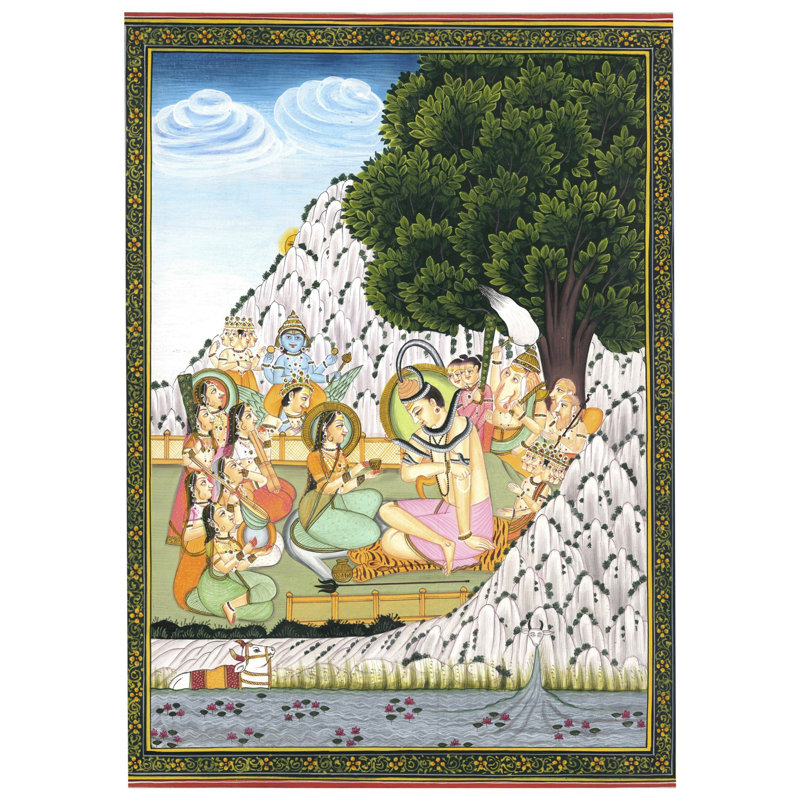 Shiva et Parvati avec Devagana sur Kailasha | Art par Sandeep sur papier aquarelle fait à la main