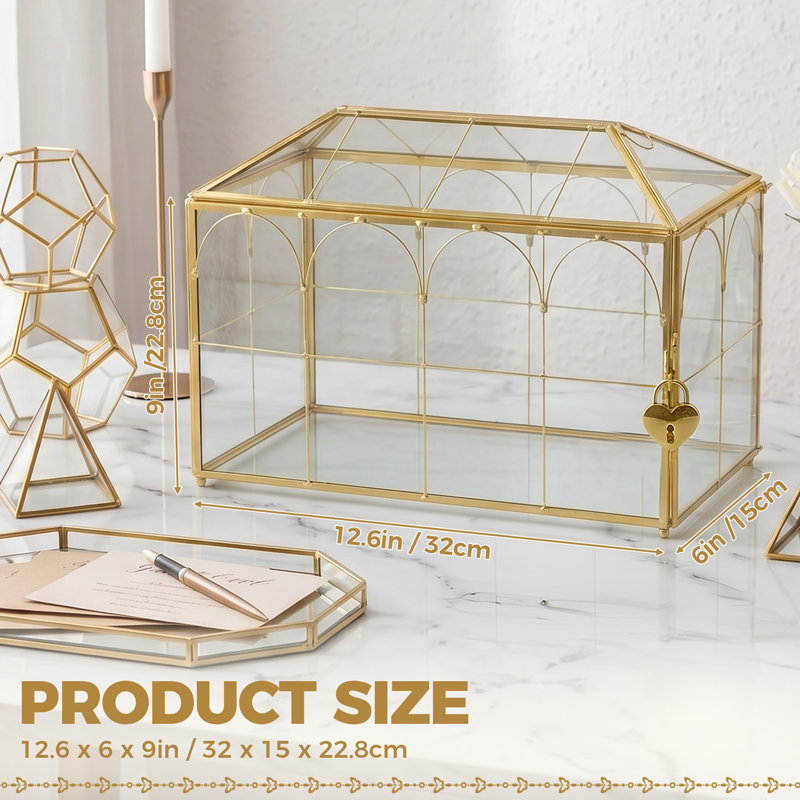 Boîte à cartes de mariage en verre transparent avec couvercle Elegant, 22.8" H x 32" W x 15" D