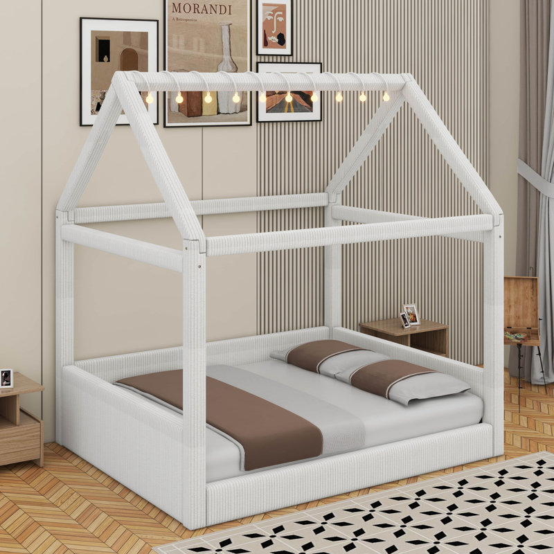 Lit plateforme tapissier pleine grandeur avec bandes lumineuses à DEL, structure de lit de jour en bois, Beige