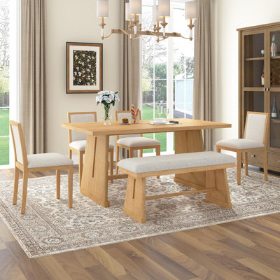6-Piece Rustic Farmhouse Dining Table Set With Wire Brushed Design, Rectangular Dining Table With Trapezoid Legs, 4 Upholstered Linen Chairs & 1 Padded Bench For Dining Room & Kitchen (Natural)