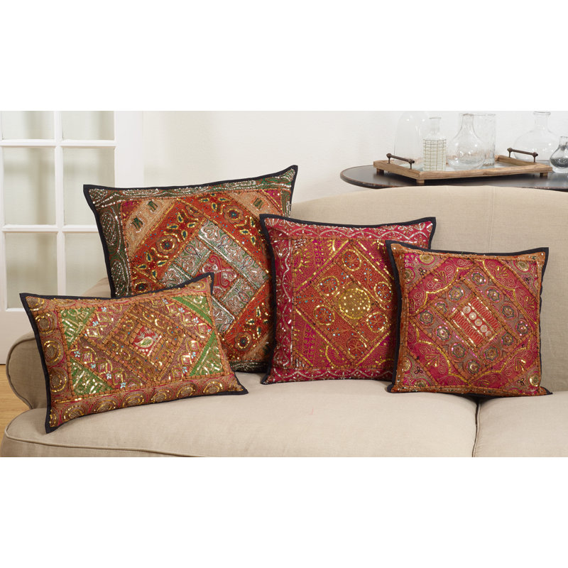 Handmade Sari Sitara Pillow with Beaded Detail, 27" Square